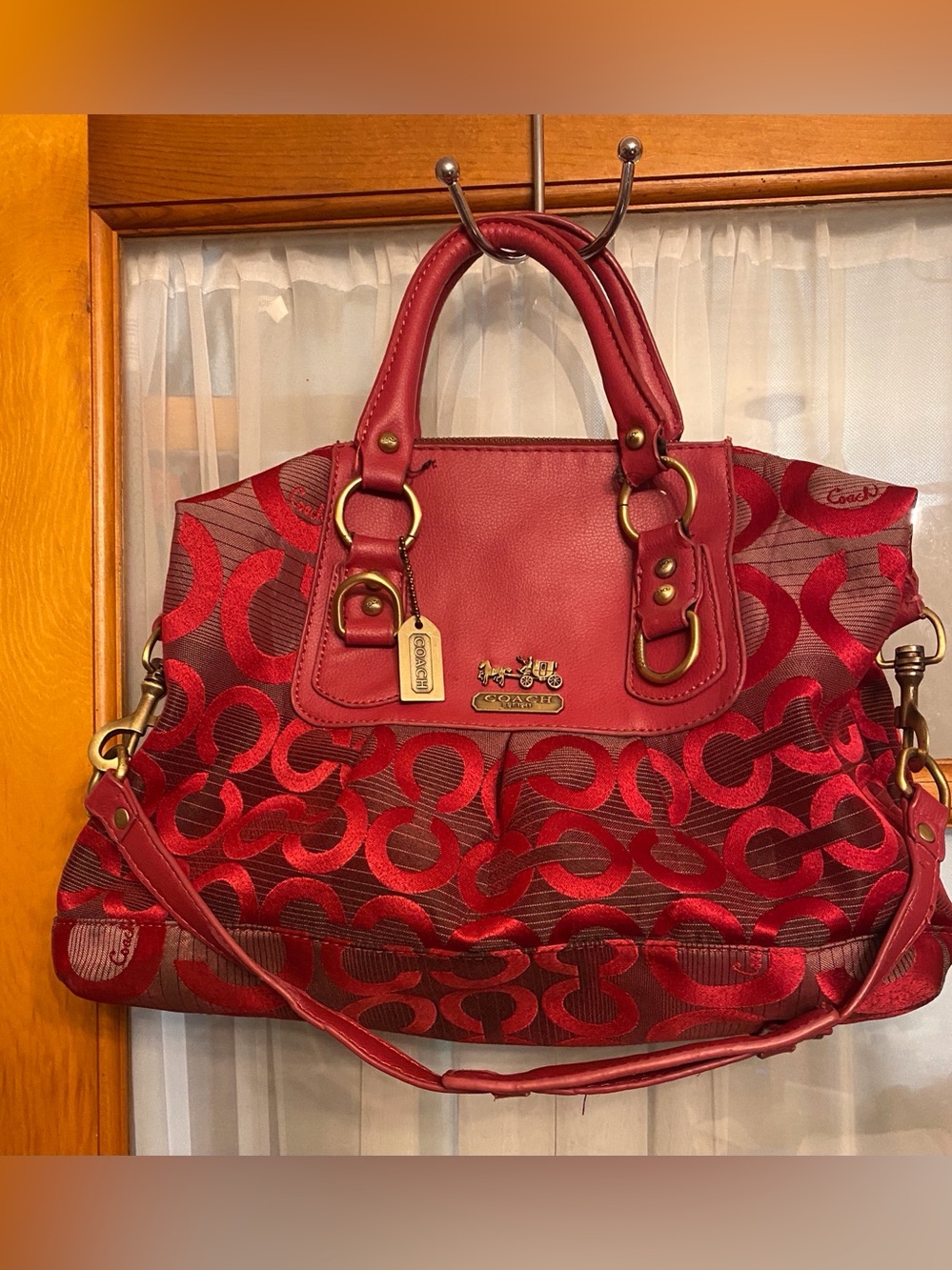 Coach Red Signature Tote with Gold-Tone Hardware